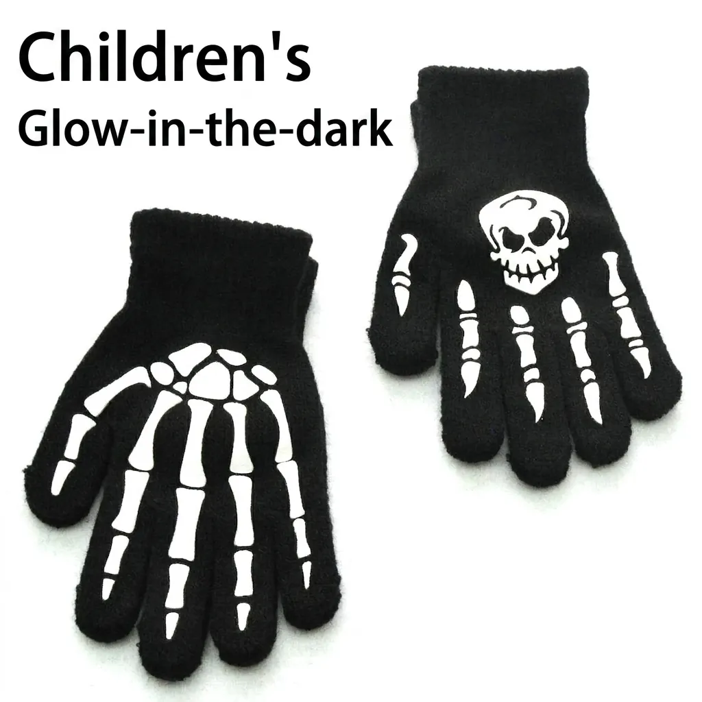 Kids Luminous Skull Skeleton Glow In The Dark Printed Acrylic Winter Warm Gloves For Halloween Party Boys Girls