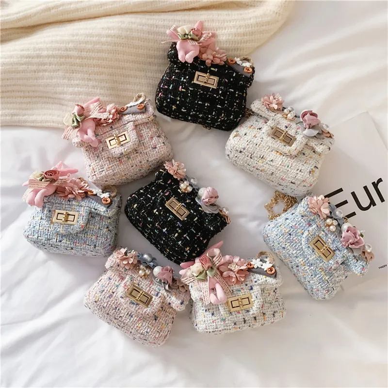 Girls Mini Shoulder Bag Tweed 3D Flower Artificial Pearl Bunny Decor Chain Strap Turn-Lock Princess Style Crossbody Handbag