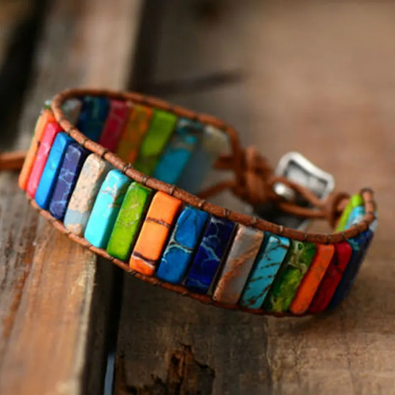 Bohemian Hand Woven Imperial Stone Bracelet With Leather Rope Alloy Buckle Ethnic Style Wrap Bracelet For Women Men
