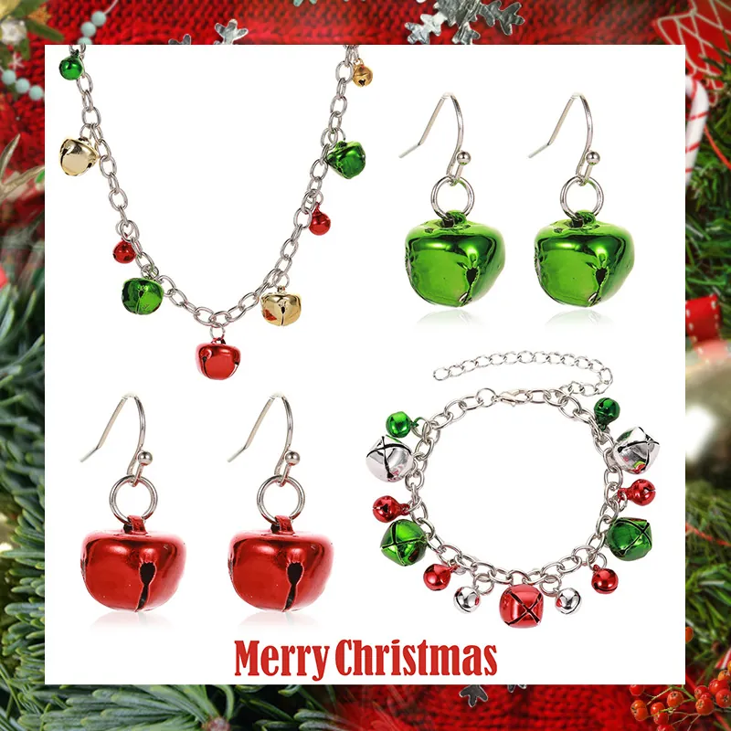 Christmas Jewelry Necklace Bracelet And Earrings Alloy Colorful Bells Holiday Party Accessories For Women Girls