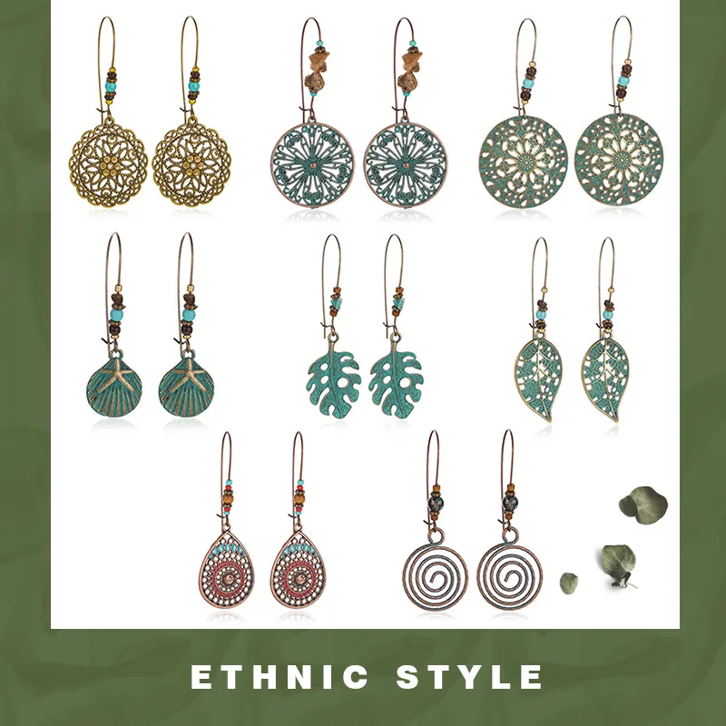 Boucles D'oreilles Pendantes Ethniques Bohèmes Vintage Bronze Antique Fleur Feuille Alliage Avec Tige En Acier Pour Femmes