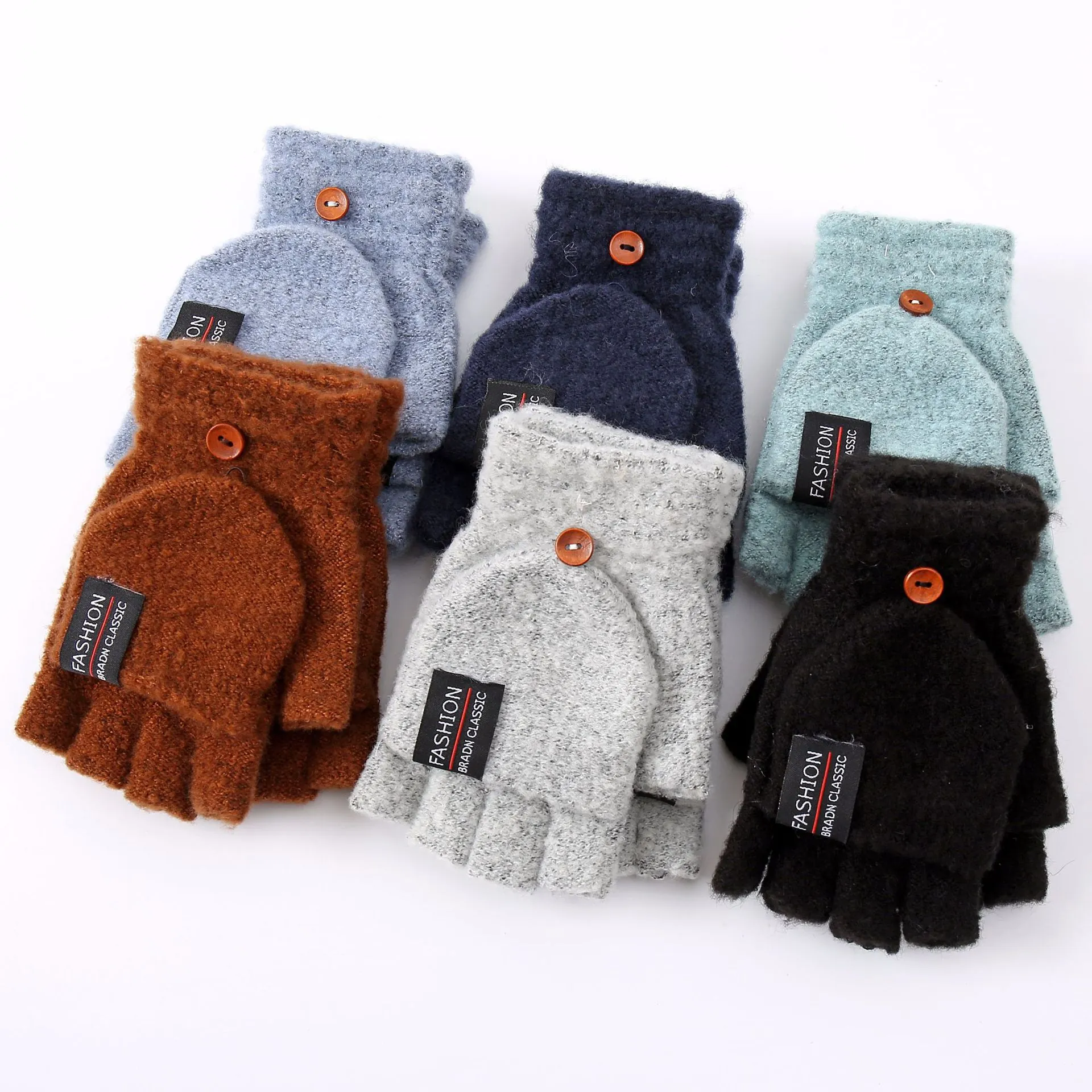 Men Winter Knitted Gloves Flip-top Half-finger Convertible Mittens Thickened Warm Outdoor Cold Weather Fashion Gloves
