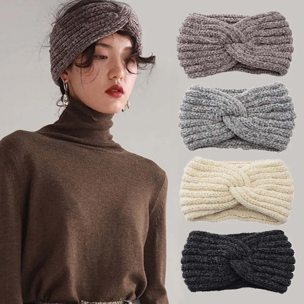 Knitted Headband For Women Twisted Knot Hair Band Ear Warmer Winter Warm Acrylic Chenille Ribbed Solid Color Headwrap