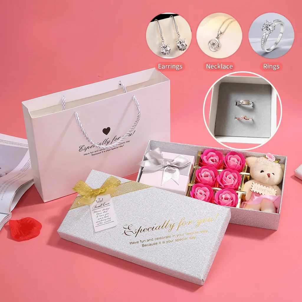 Soap Rose Flower Jewelry Box With Plush Teddy Bear Inner Jewelry Case And Handled Paper Bag Romantic Gift For Women