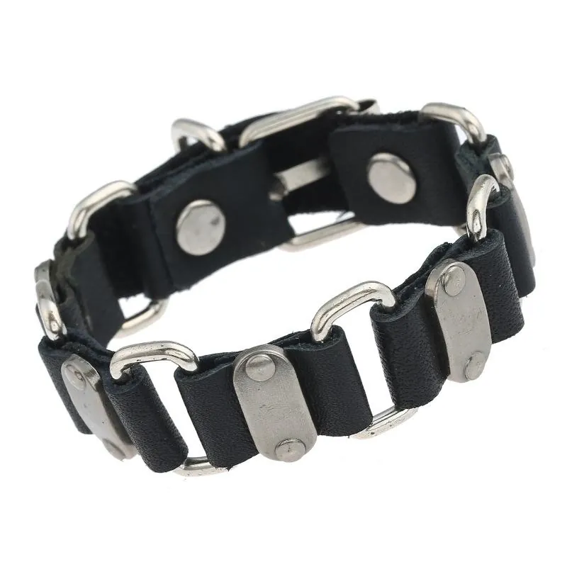 Punk Cowhide Leather Bracelet With Alloy Metal Rings Rivets Adjustable Buckle Retro Hip Hop Jewelry For Men Women