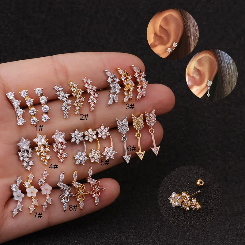 Orecchini Piercing Cartilagine In Acciaio Inossidabile Zirconia Chiusura A Vite Forma Di Fiore Stella Per Donna