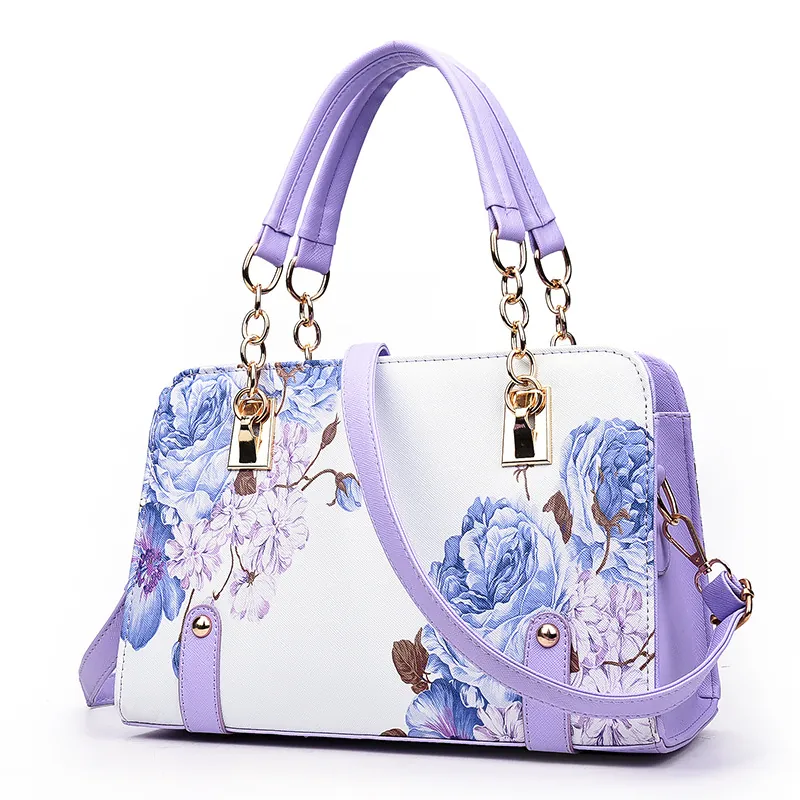 Floral Print Shell Handbag PU Leather Shoulder Crossbody Bag With Gold Chain Vintage Chinese Style For Women