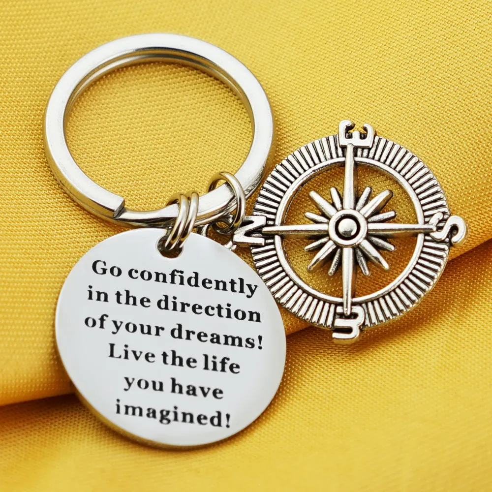 Compass Keychain Stainless Steel Inspirational Quote Round Disc Engraved Motivational Gift For Graduate Traveler Keyring