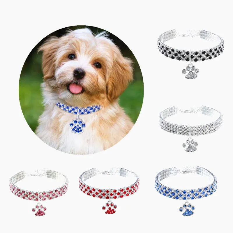 Rhinestone Pet Collar Necklace Alloy Silver Plated Elastic Adjustable Extension Chain Paw Pendant Bling Jewelry For Dogs Cats