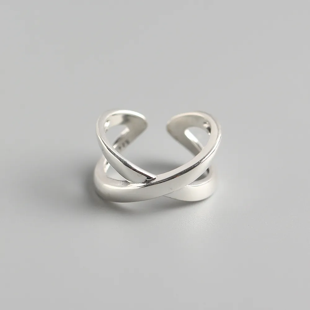 925 Sterling Silver Crisscross Open Ring Minimalist Smooth Vintage X-Shape Adjustable Finger Jewelry For Women