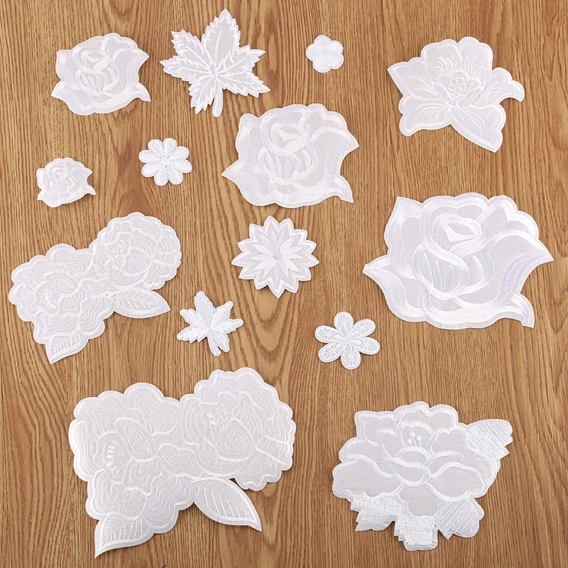 White Rose Flower Embroidery Patches Lace Appliques For Clothing Repair DIY Decoration Sewing On Jacket Dress