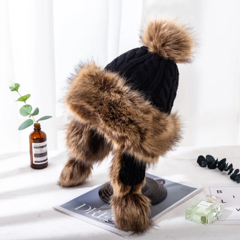 Women Thickened Warm Knit Trapper Hat Artificial Fur Pom Pom Ear Protection Mongolian Style Winter Outdoor Riding Hat