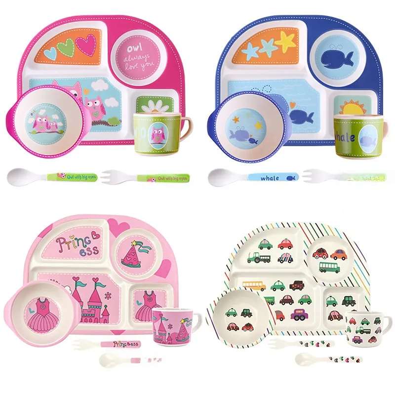Children Tableware Divided Plate Bowl Cup Spoon And Fork Bamboo Fiber Eco-Friendly Cartoon Animal Themes For Toddlers Feeding