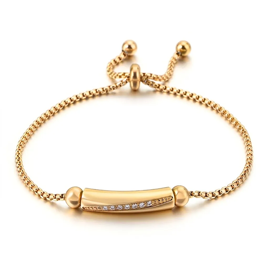 Bracelet Bolo Réglable À Barre Courbée Géométrique Acier Inoxydable 316L Zircone Cubique Pavée Pour Femmes