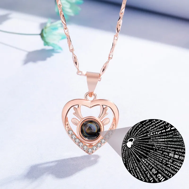 Herz Geweih Anhänger Halskette Kupfer Mehrsprachiger Ich Liebe Dich Projektionsstein Zirkon Romantisches Valentinstagsgeschenk