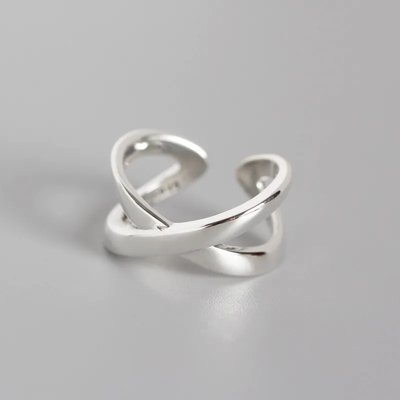 925 Sterling Silver Open Ring Geometric X Cross Double Layer Adjustable Minimalist Vintage Jewelry For Women