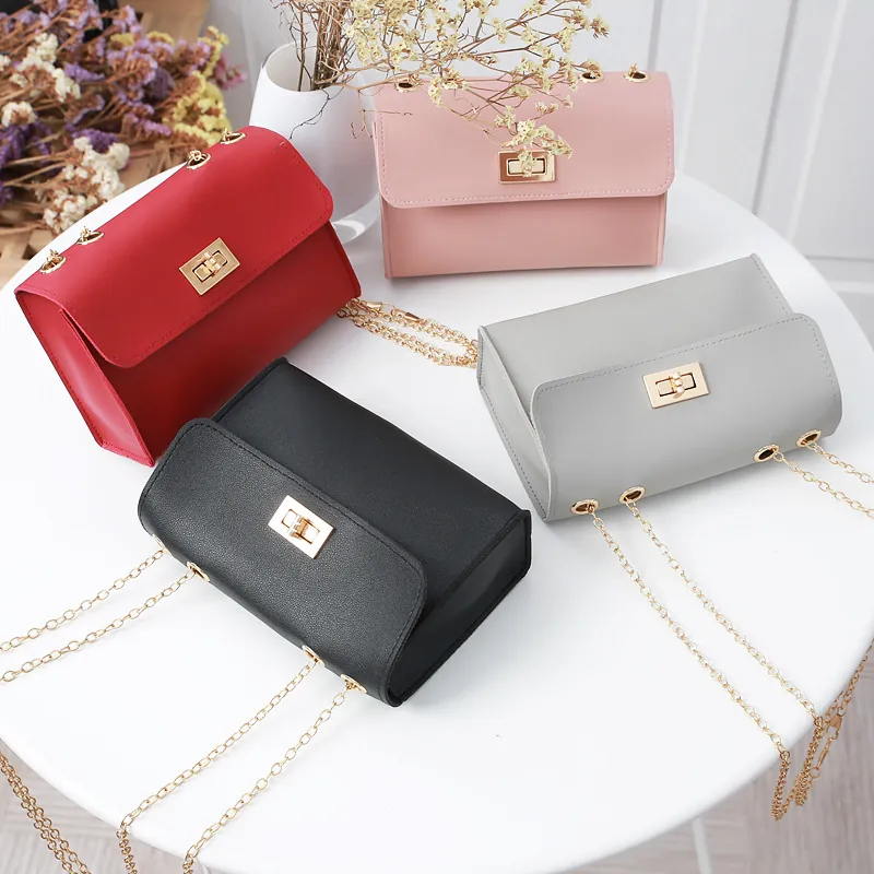 Mini Crossbody Bag PU Leather Gold Chain Strap Rotary Lock Flap Small Square Shoulder Bag For Women Daily Urban Style