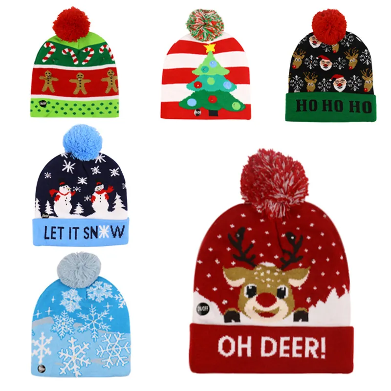 Christmas Knitted Hat Light Up Beanie Acrylic Winter Warm Holiday Party Novelty Decor With Colorful Lamps And Pom Pom