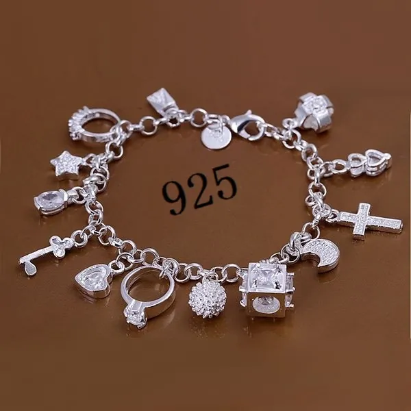Silver Plated Alloy Charm Bracelet Heart Star Cross Moon Key Pendants Fashion Jewelry For Women