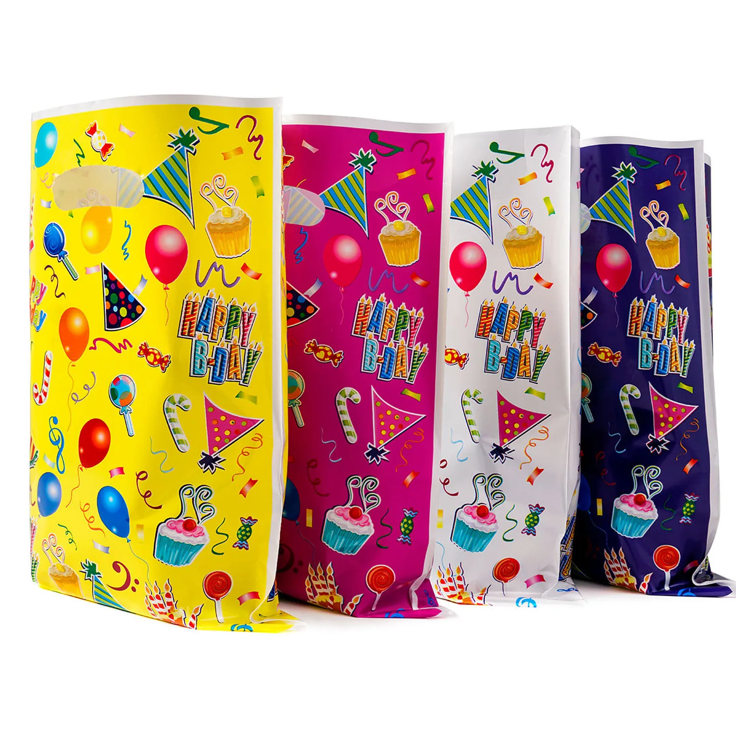 Birthday Party Gift Bags Plastic Pearlized Handle Hole Colorful Printed Happy Birthday Pattern Cartoon Cake Balloon Designs
