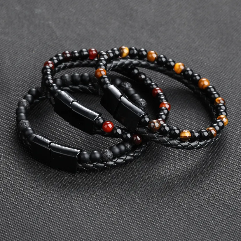 Men Braided Leather Bracelet Multi Layer With Natural Stone Tiger Eye Agate Volcanic Beads And Magnetic Clasp Vintage