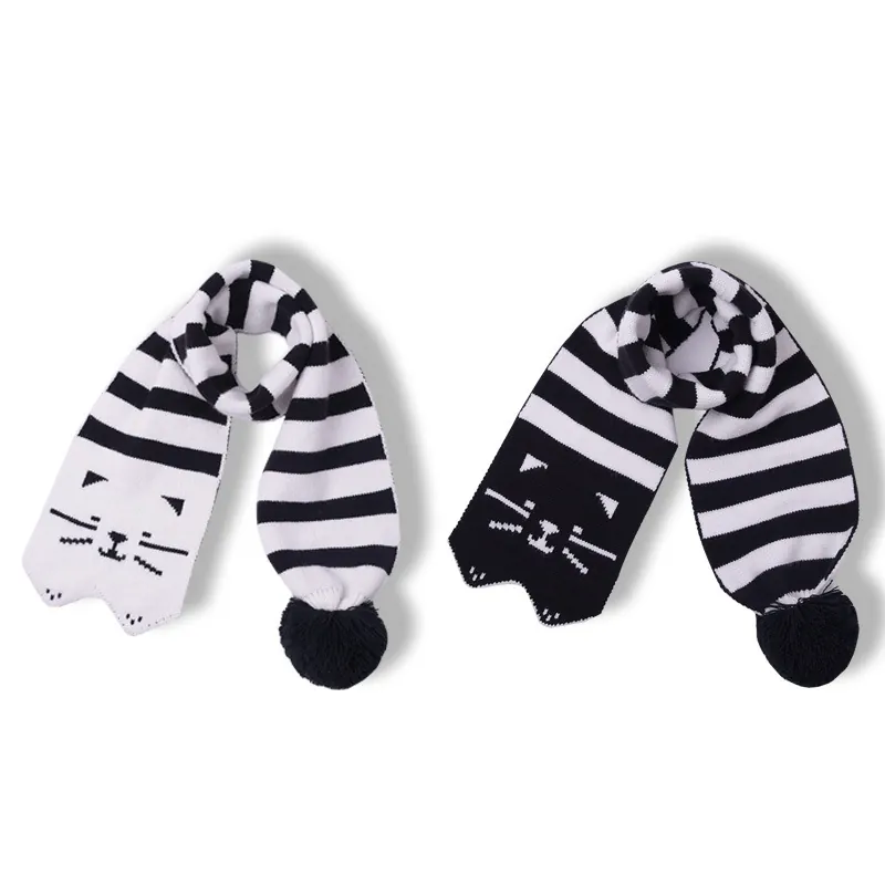 Écharpe Et Bonnet Tricotés Chat Dessin Animé Hiver Chaud Rayé Noir Blanc Pompon Accessoires Vêtements Bébé