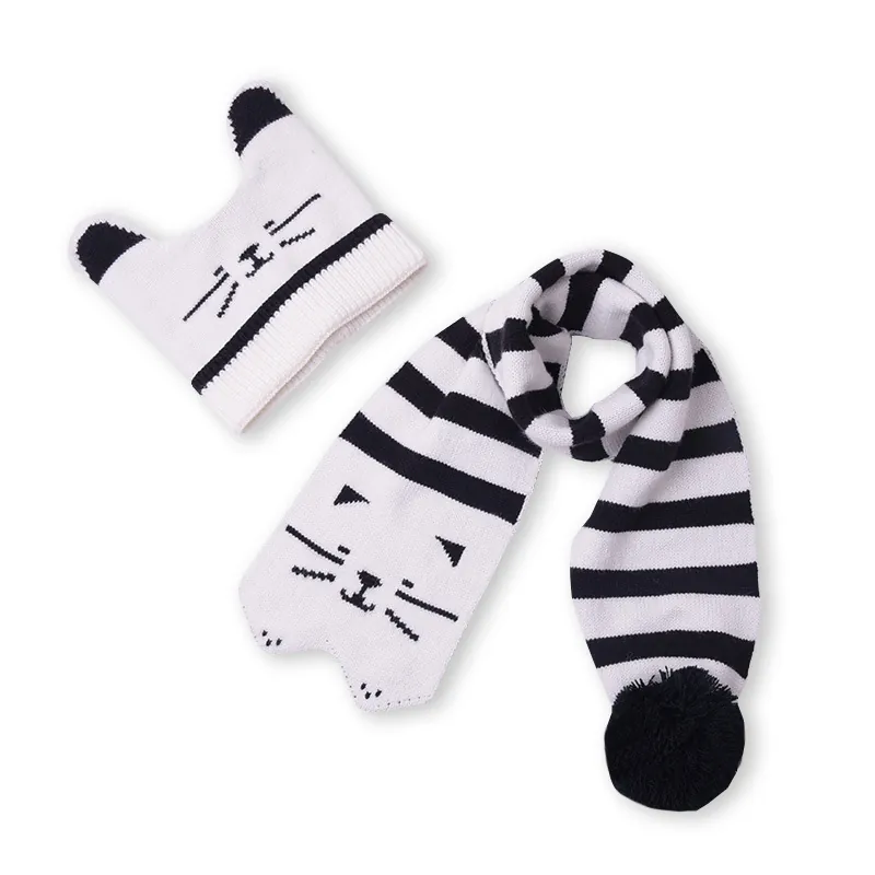 Kinder Strickmütze Und Schal Cartoon Katzenohren Gestreift Winter Warm Bommel Für Kleinkinder Jungen Mädchen