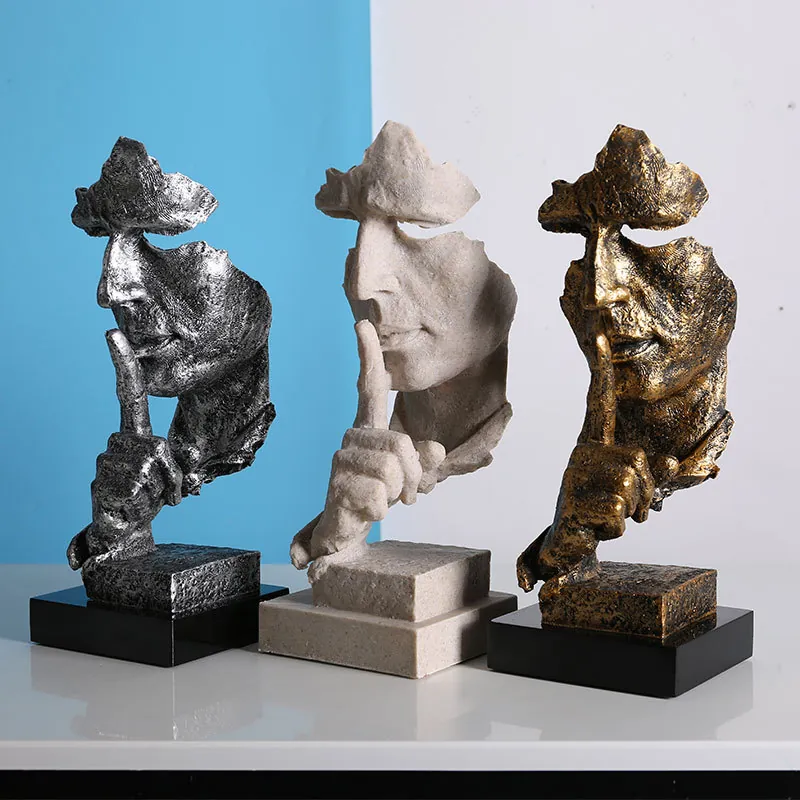 Silence Is Golden Statue Abstract Face Sculpture Resin Thinking Man Retro European Style Home Office Bookshelf Decor