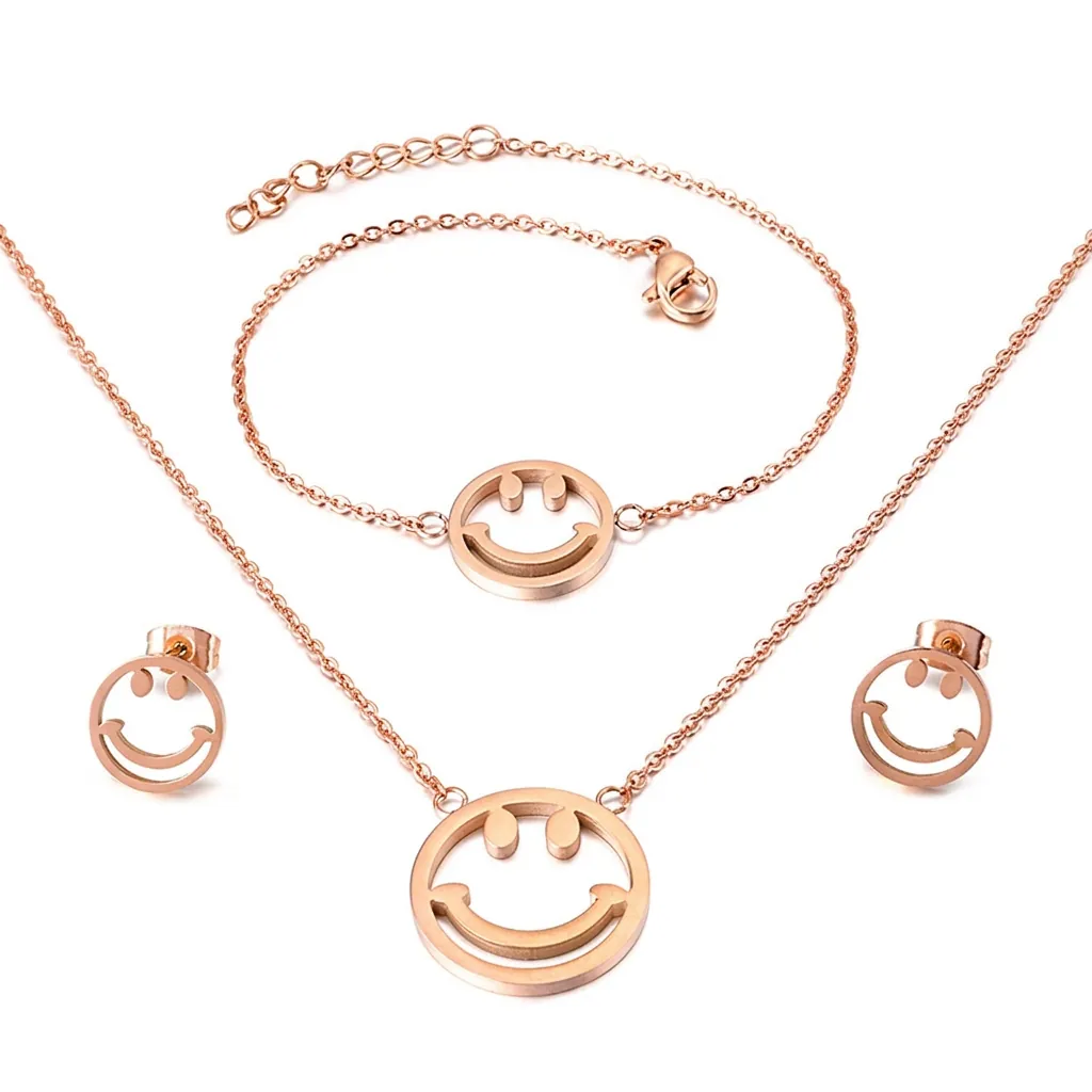 Collier Bracelet Boucles d'Oreilles Visage Souriant En Acier Inoxydable Pour Femmes Bijoux Minimalistes