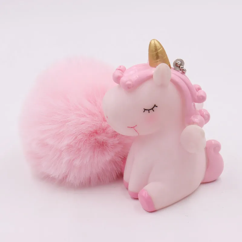 Cute Unicorn Keychain Faux Fur Pompom Bag Pendant Cartoon Vinyl Figure Car Keyring For Women Girls
