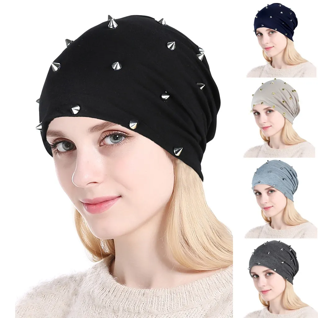 Bonnet Beanie Style Punk Unisexe Couleur Bonbon en Maille de Coton Avec Rivets Métalliques Hip Hop Streetwear Cap