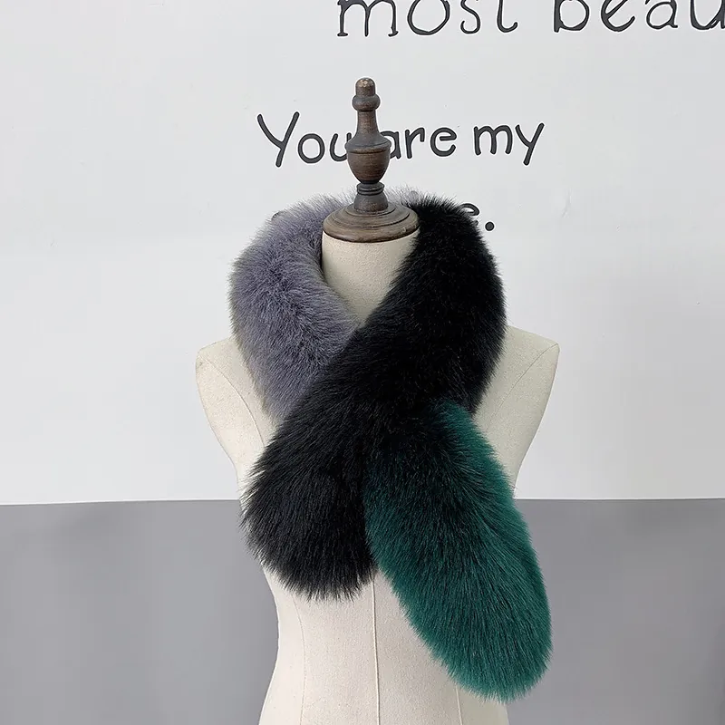 Patchwork Faux Fur Scarf Women Winter Warm Fluffy Fox Fur Look Collar Neck Wrap Luxury Elegant Soft Plush Accessory