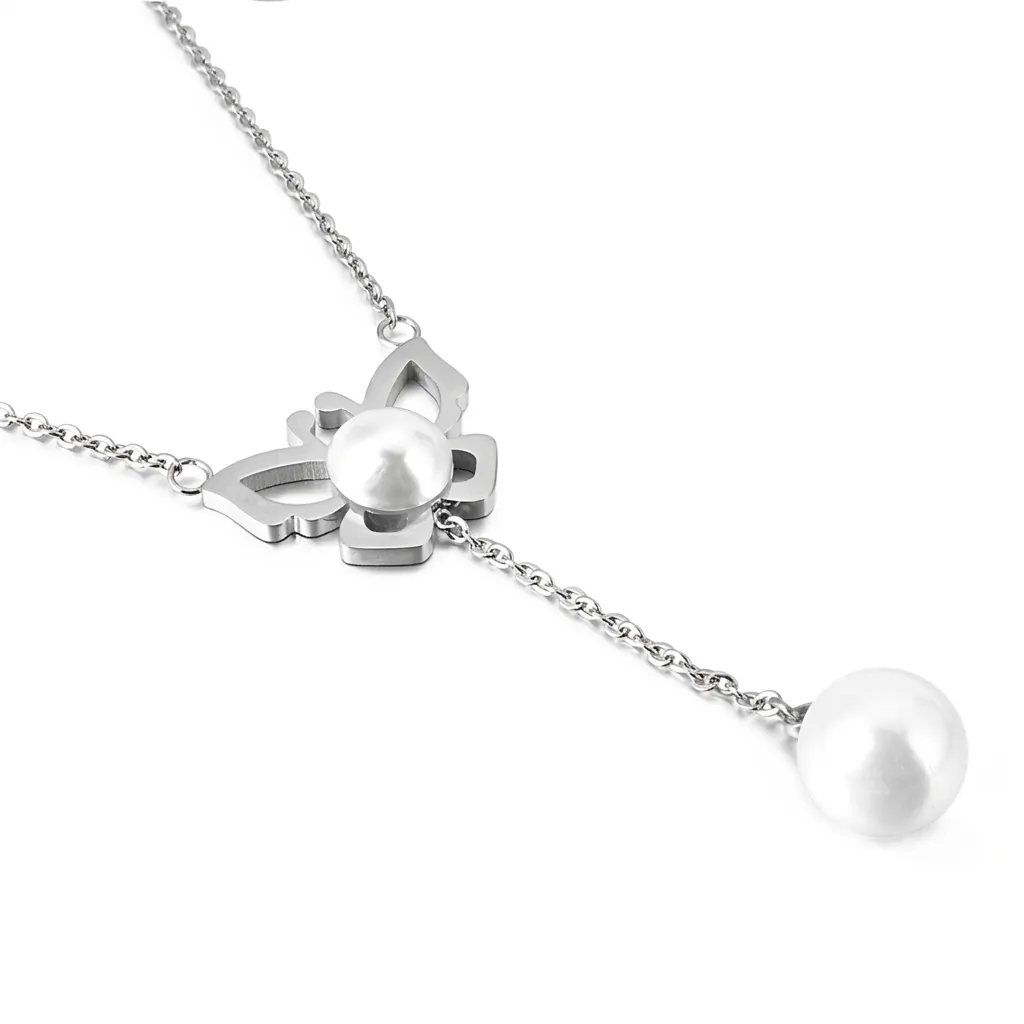 Collier Pendentif Papillon Acier Inoxydable 316L Künstliche Perle De Coquillage Élégante Chaîne En Y Bijoux Pour Femmes