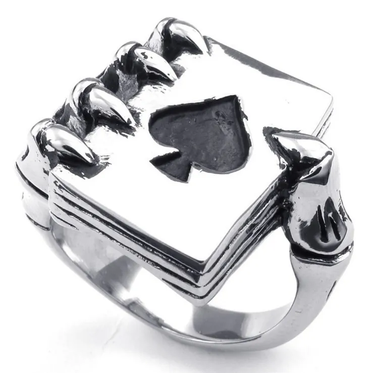 Men Vintage Alloy Ring With Skeleton Hand Holding Ace Of Spades Poker Card Punk Gothic Jewelry Retro Antique Silver Color