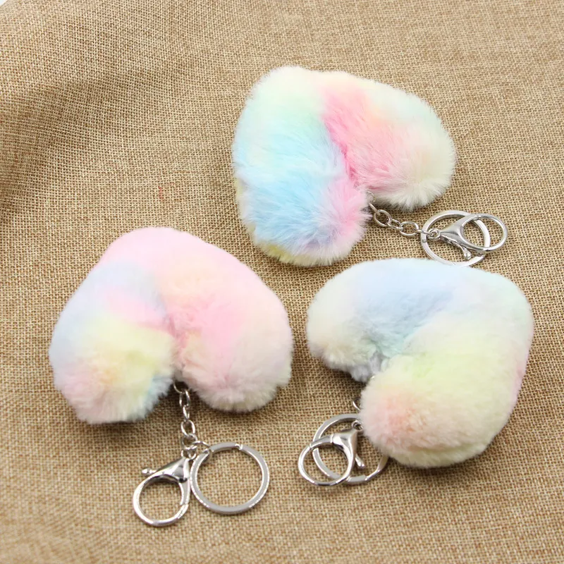 Soft Heart Shaped Plush Keychain Gradient Multicolor Faux Fur Bag Pendant Polyester Heart Keyring For Women Girls Gift