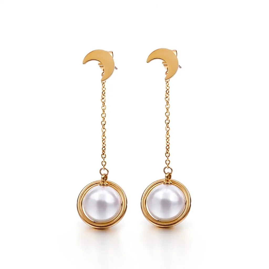 Boucles D'oreilles Pendantes Croissant De Lune Acier Inoxydable Künstliche Perle Coquille Chaîne Longue Gland Bijoux Planète