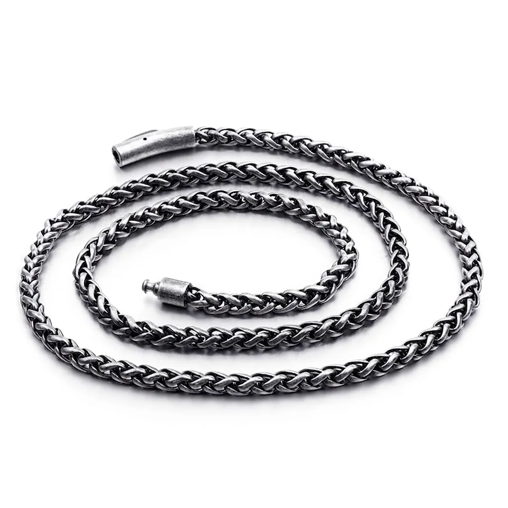 Men Chain Necklace Stainless Steel Woven Braid Wheat Link Retro Vintage Silver Color Punk Hip Hop Jewelry