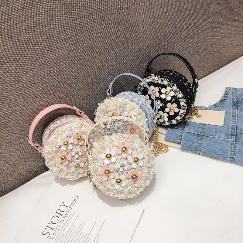 Kids Girls Round Crossbody Bag Artificial Pearl Flower Tweed PU Leather Cute Princess Handbag Metal Chain Strap