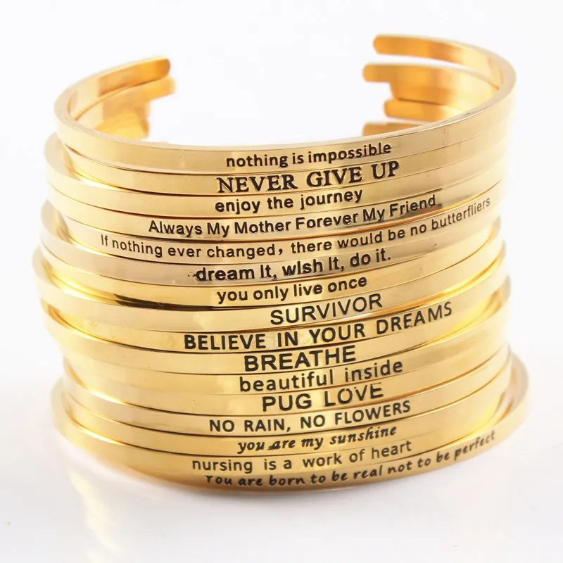 Stainless Steel Cuff Bracelet Gold Engraved Mantra Inspirational Quote Bangle Adjustable Jewelry For Women