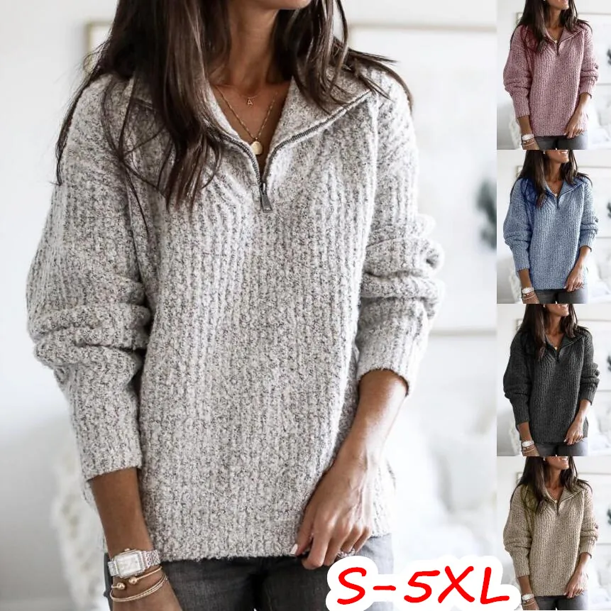Damen Casual Baumwollmischung Viertelreißverschluss Pullover Langarm Lockerer Strickpullover Sweatshirt Top Herbst Winter Außenbekleidung