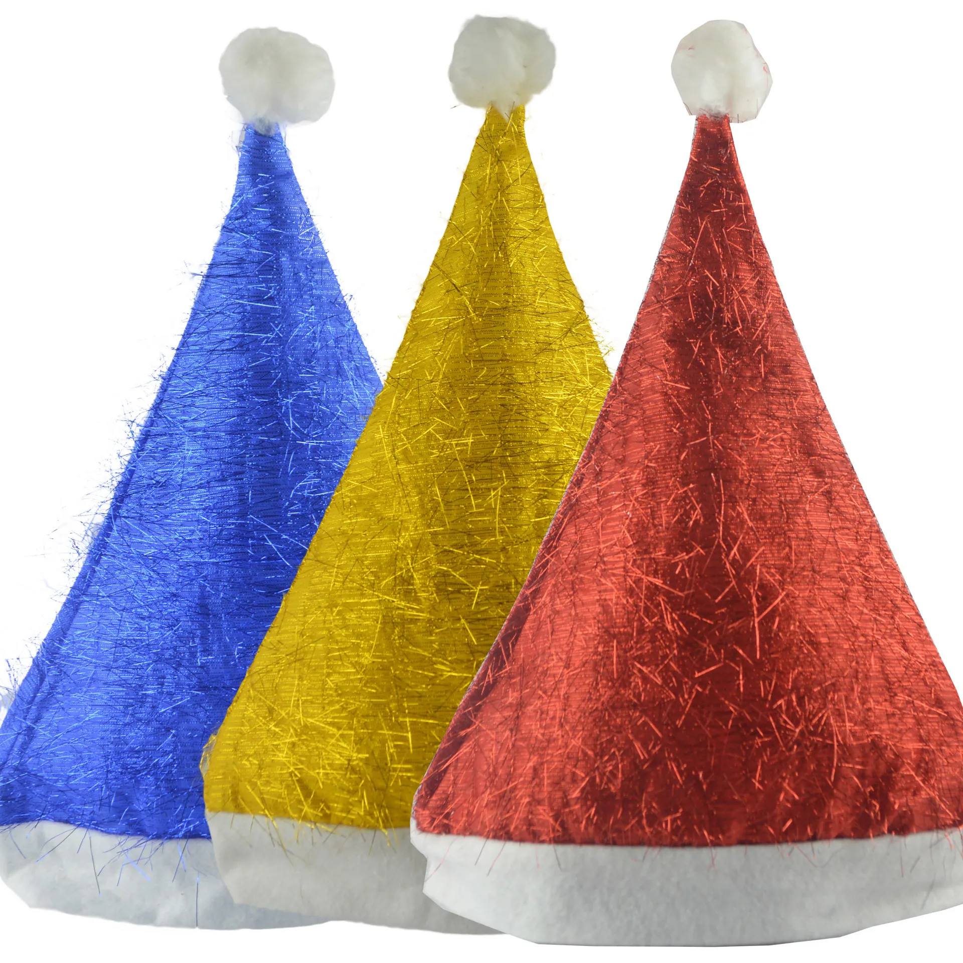 Christmas Santa Hat Brushed Metallic Fabric Plush Trim White Pompom Holiday Party Decor For Adults Kids
