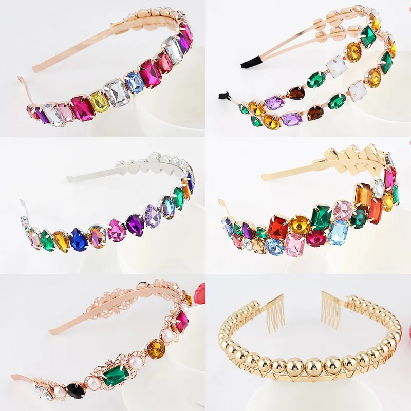 Baroque Luxury Metal Rhinestone Headband Colorful Crystal Faux Artificial Pearl Hair Hoop Retro Floral Leaf Star Design Women Party Wedding Hair Accessory