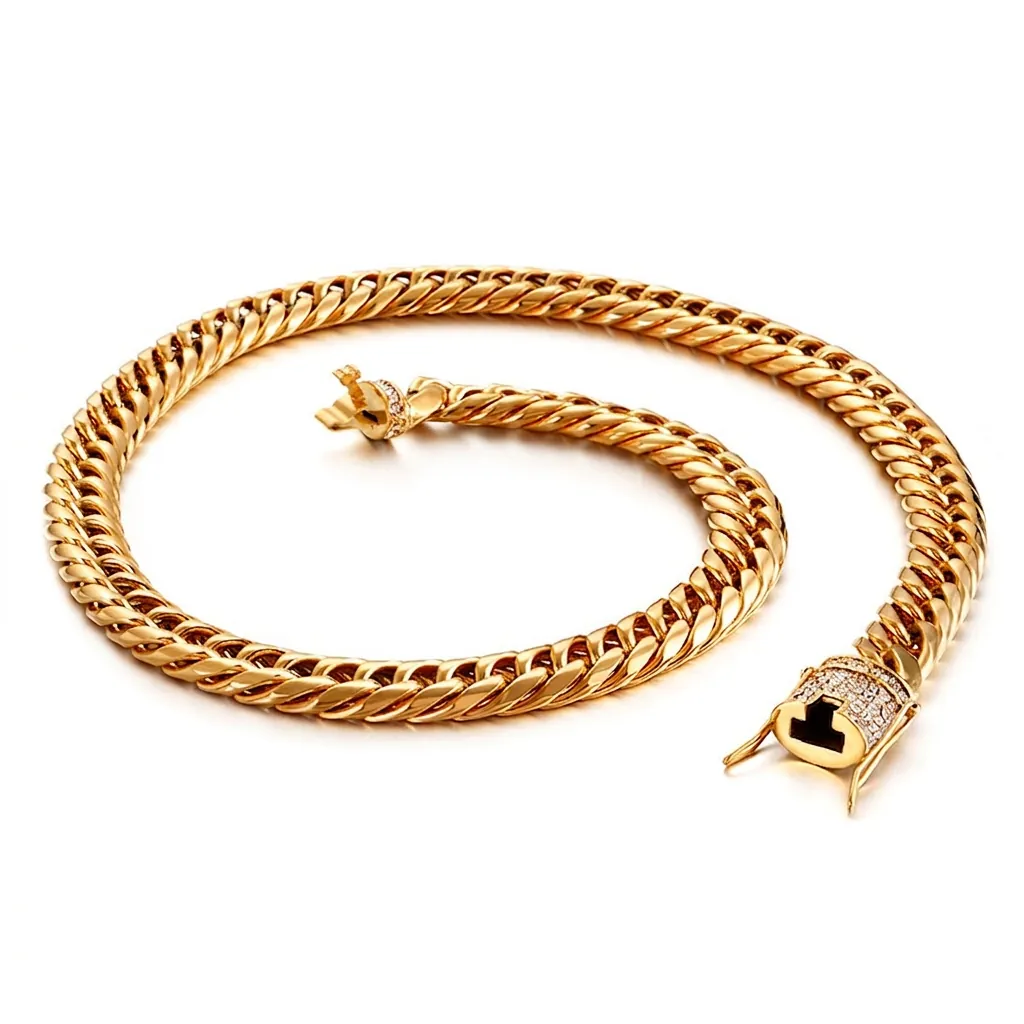 Men Cuban Link Necklace Stainless Steel Chunky Chain With Zircon Inlaid Box Clasp Hip Hop Heavy Metal Jewelry