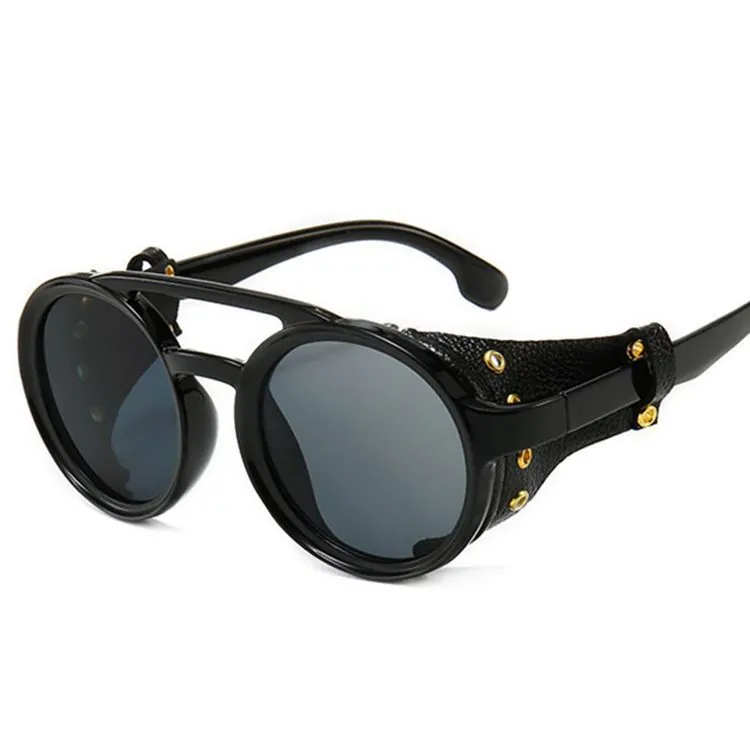 Retro Steampunk Round Sunglasses For Men Women Gothic Leather Side Shield Rivet Decor UV400 Protection Outdoor Driving Glasses