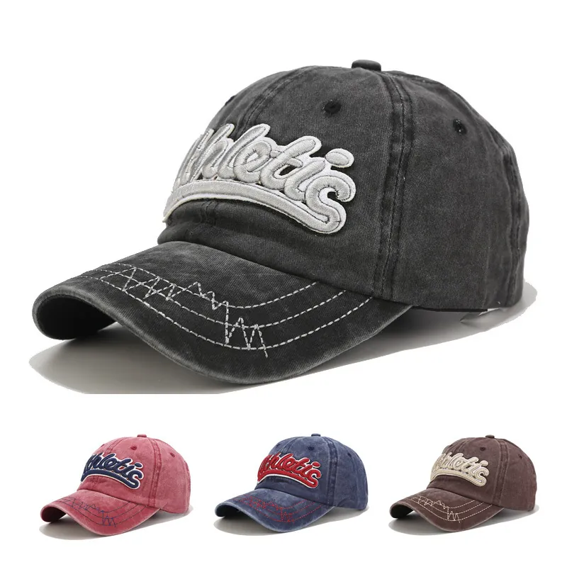 Vintage Washed Cotton Baseball Cap Athletic Letter Embroidery Retro Distressed Adjustable Sun Hat Unisex