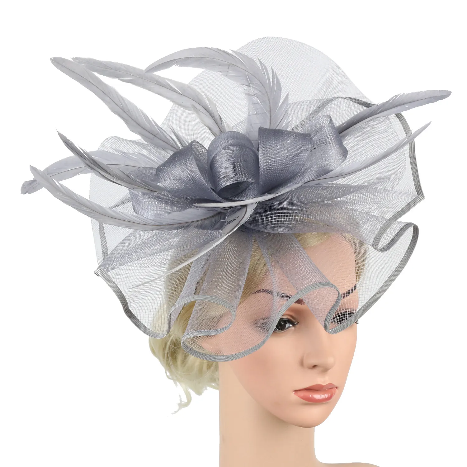 Women Elegant Fascinator Hat Hair Clip With Mesh Flower And Feather For Wedding Party Bridal Vintage Hair Accessory