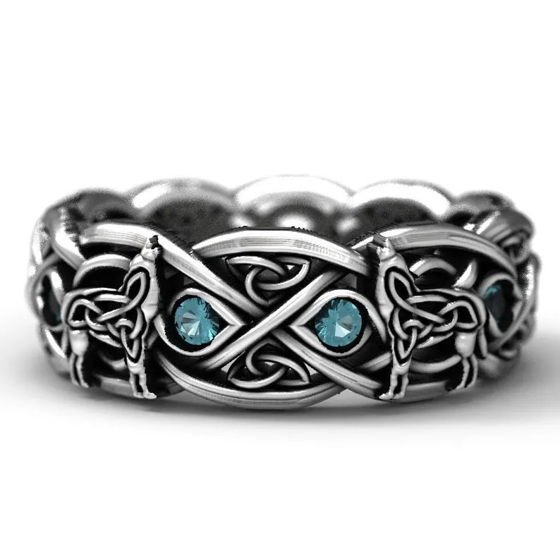 Vintage Wolf Head Ring Alloy With Blue Acrylic Stone Celtic Knot Punk Viking Jewelry For Men Retro Silver Finish Totem