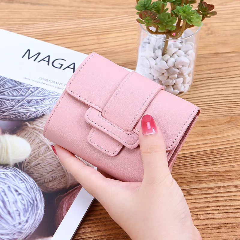 Women PU Leather Wallet Trifold Short Purse Solid Color Snap Button Multi-slot Portable Small Wallet For Students Daily Use