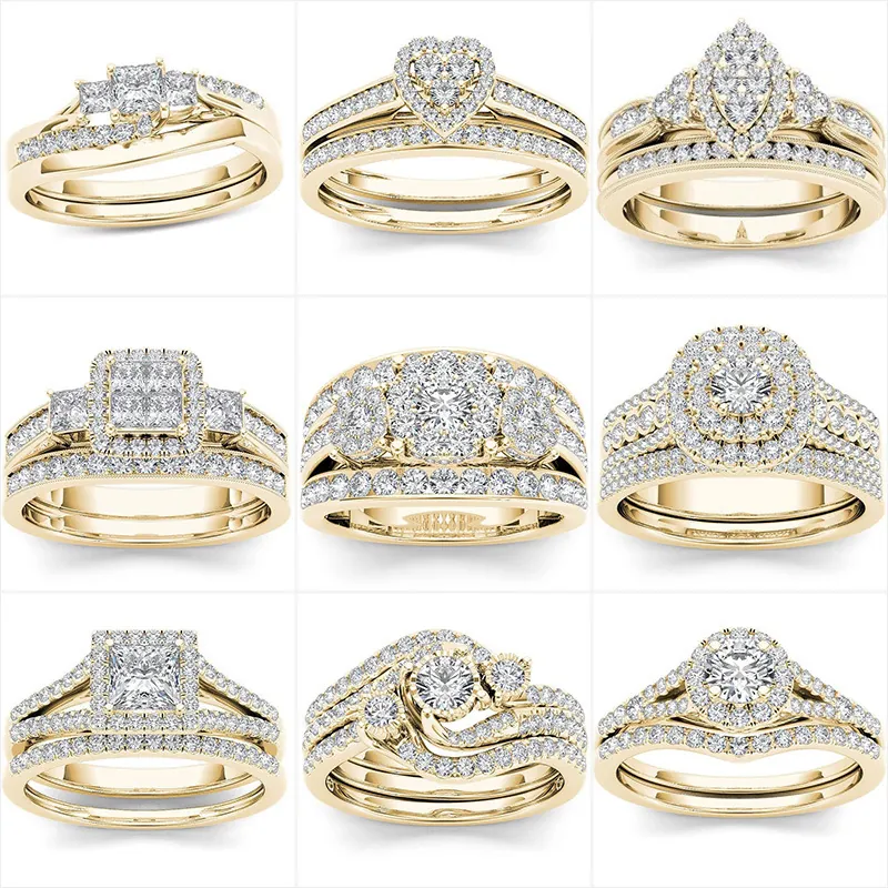 Lussuoso Set di Anelli in Lega di Zirconia per Donna Halo Pave Taglio Rotondo Anelli di Fidanzamento Matrimonio Gioielli Vintage Regalo