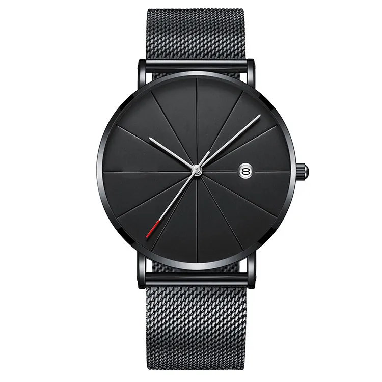 Quartz Watch Minimalist Date Display Alloy Case Mesh Stainless Steel Leather Strap Casual Business Wristwatch Unisex